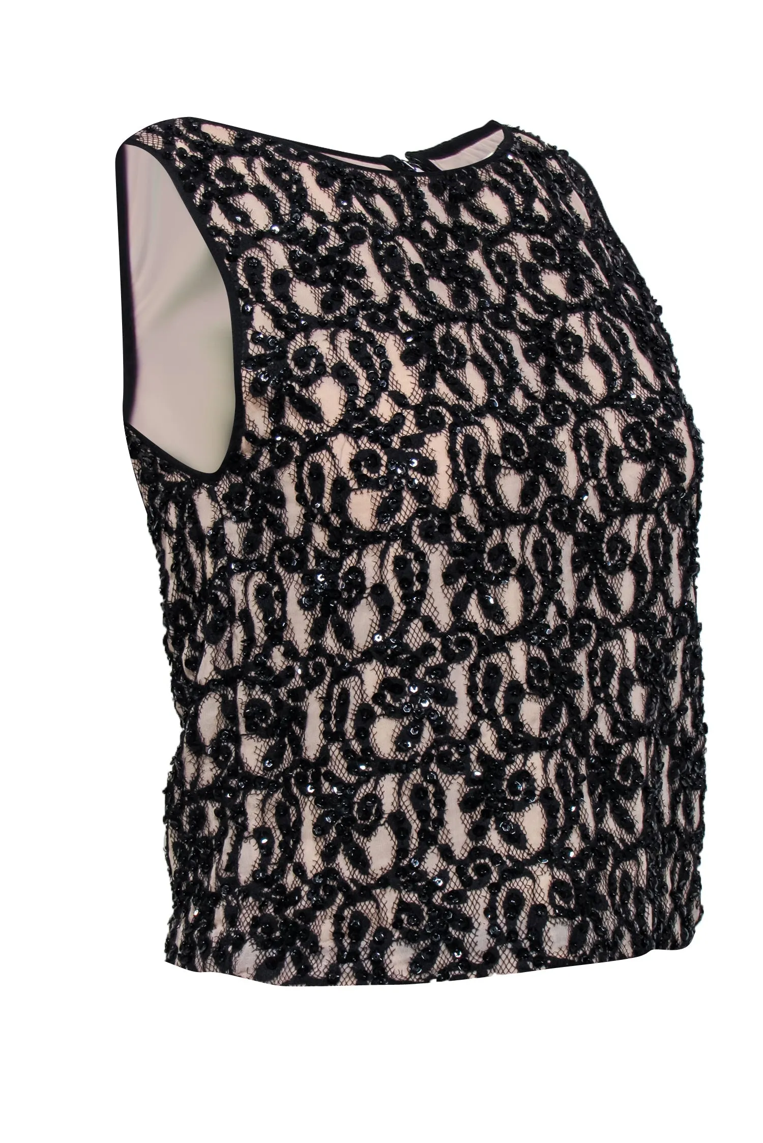 Alice & Olivia - Nude Sleeveless Tank w/ Black Lace, Sequin, & Beaded Embellishment Sz S