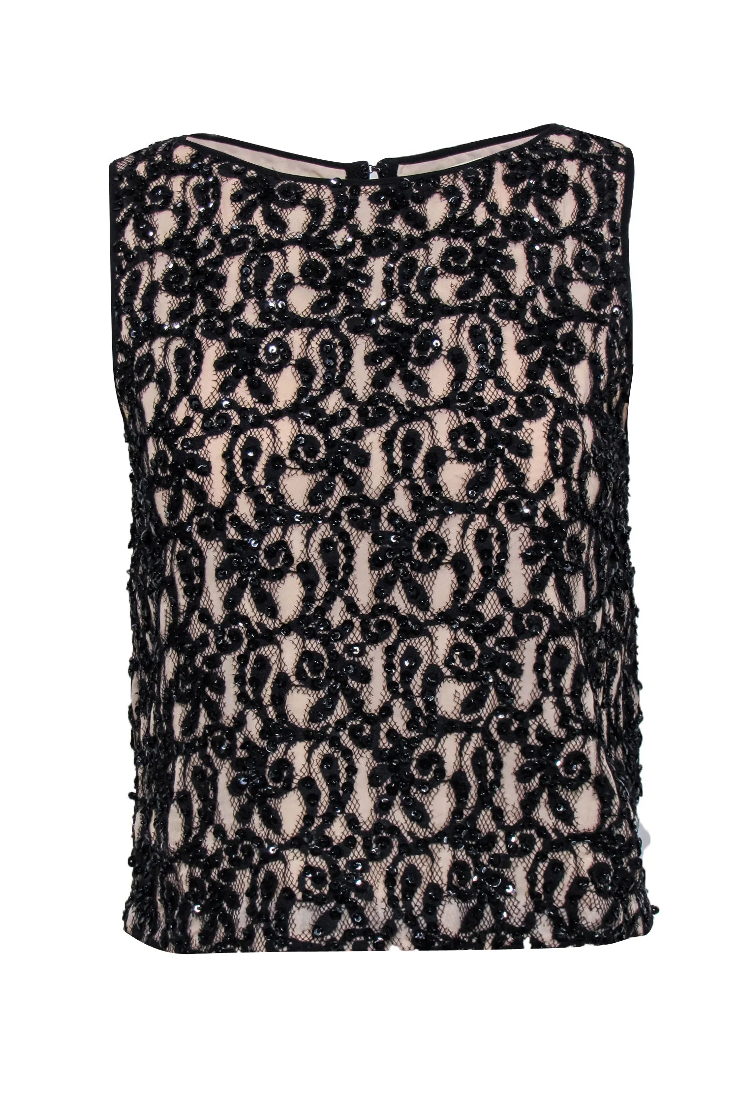 Alice & Olivia - Nude Sleeveless Tank w/ Black Lace, Sequin, & Beaded Embellishment Sz S