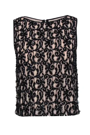 Alice & Olivia - Nude Sleeveless Tank w/ Black Lace, Sequin, & Beaded Embellishment Sz S