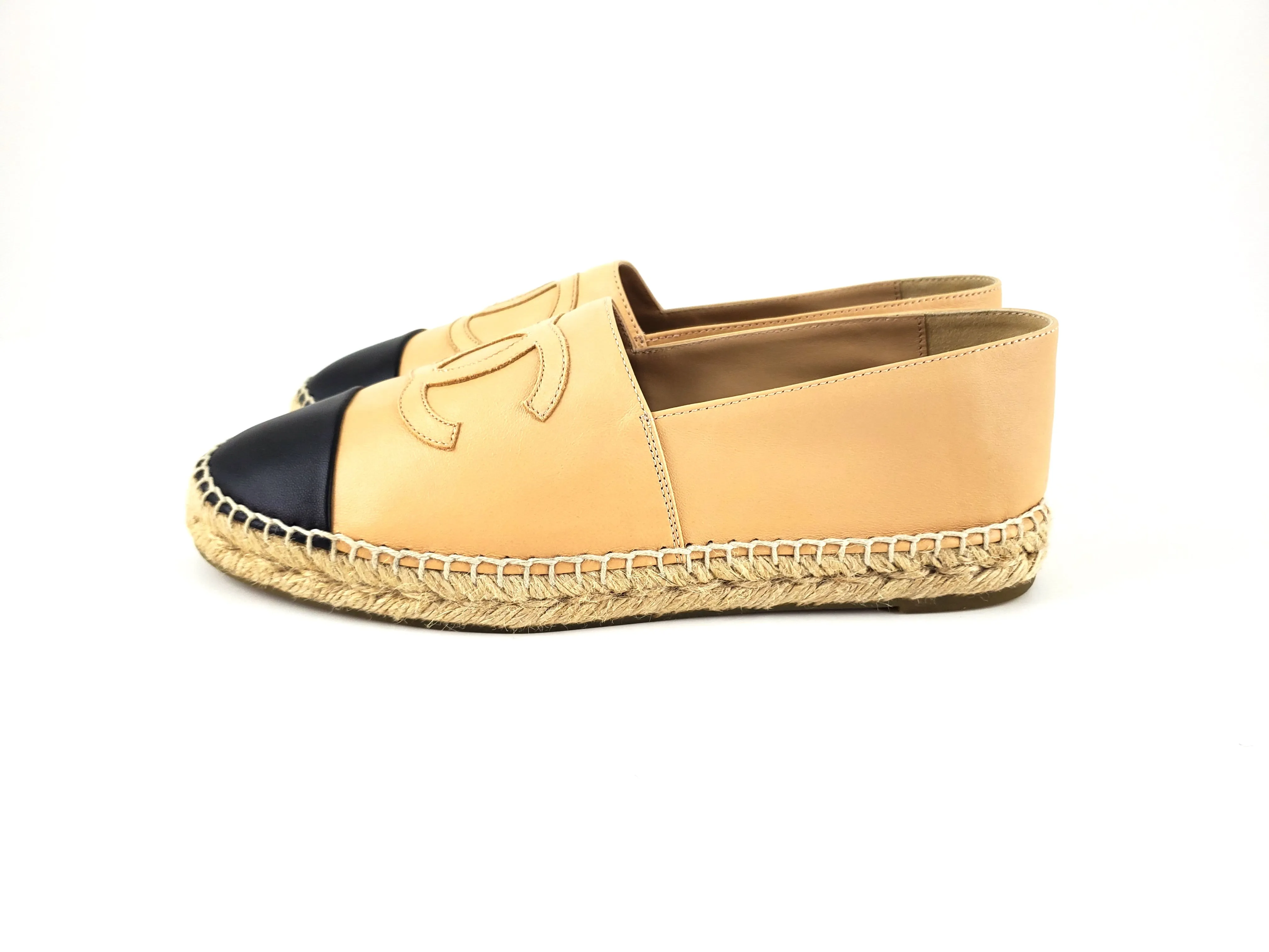 Chanel Beige Black Lambskin Round Toe Espadrilles 41