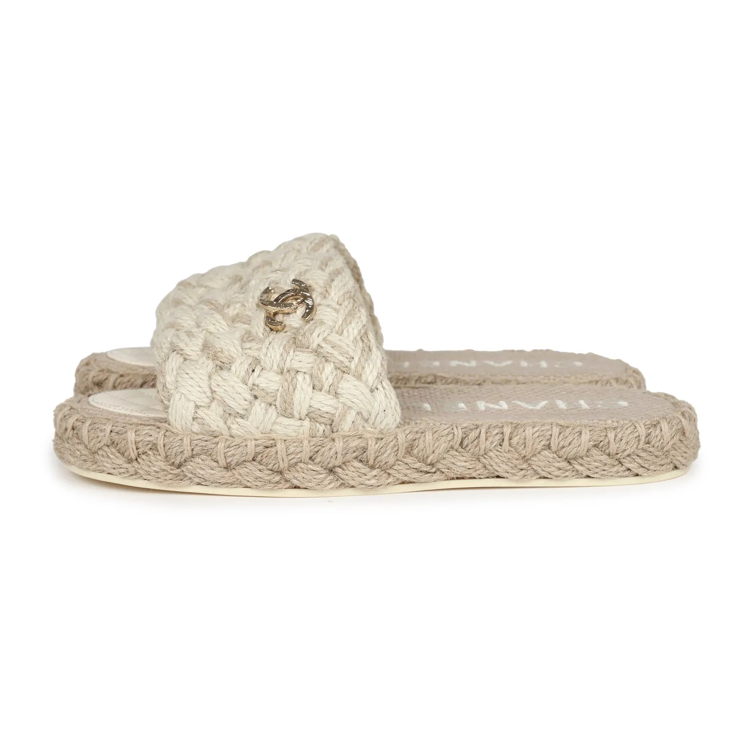 Chanel CC Braided Knit Interlocking Slide Sandals Cream Gold Hardware 37 EU