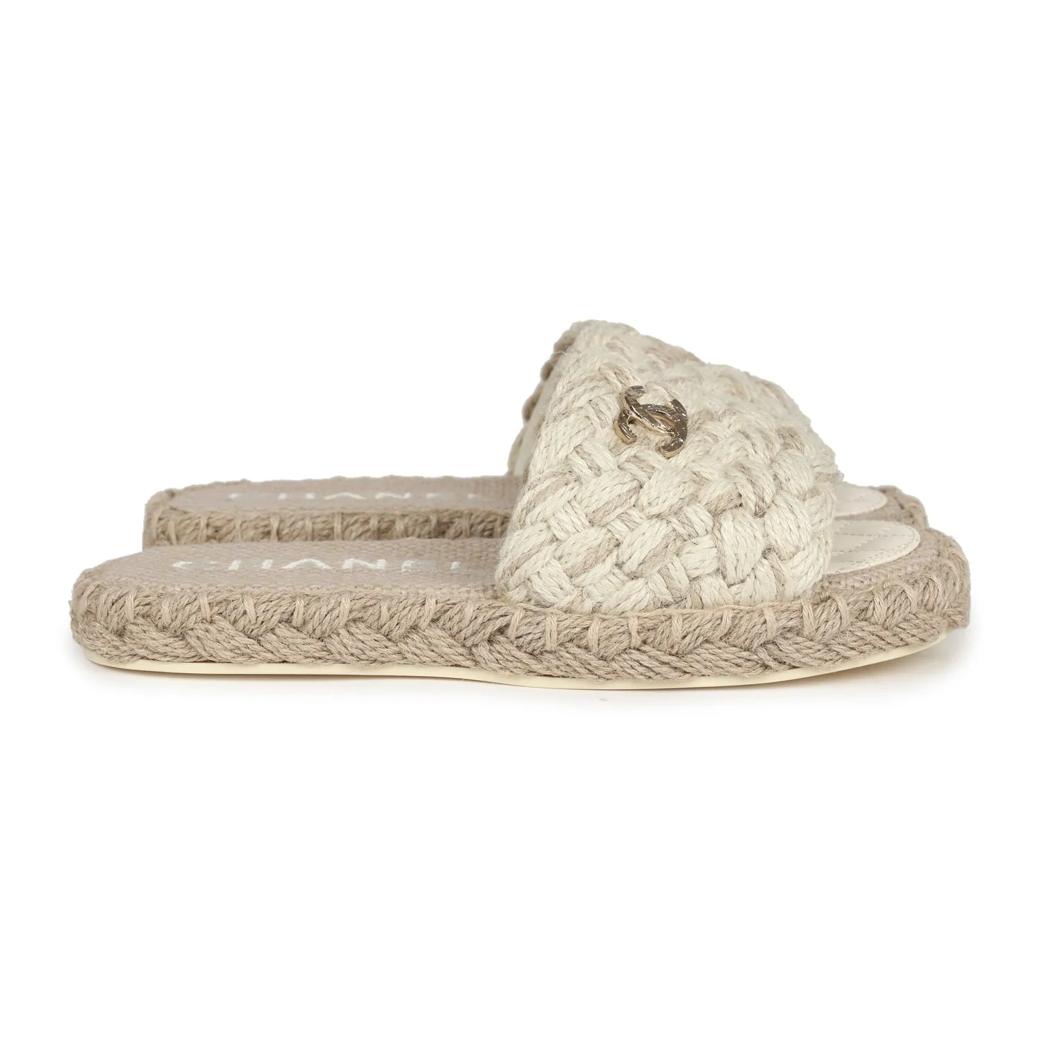 Chanel CC Braided Knit Interlocking Slide Sandals Cream Gold Hardware 37 EU