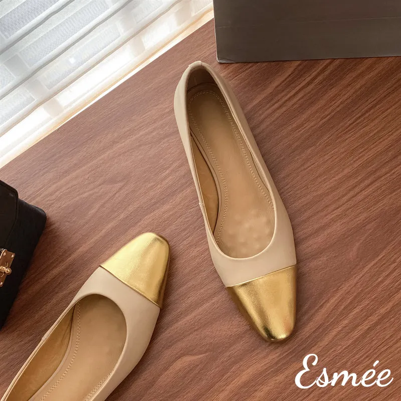Leather Flats with Golden Toe Cap