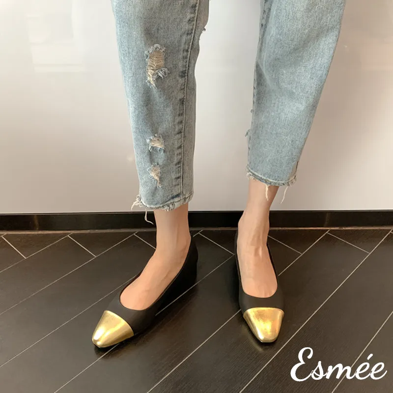 Leather Flats with Golden Toe Cap