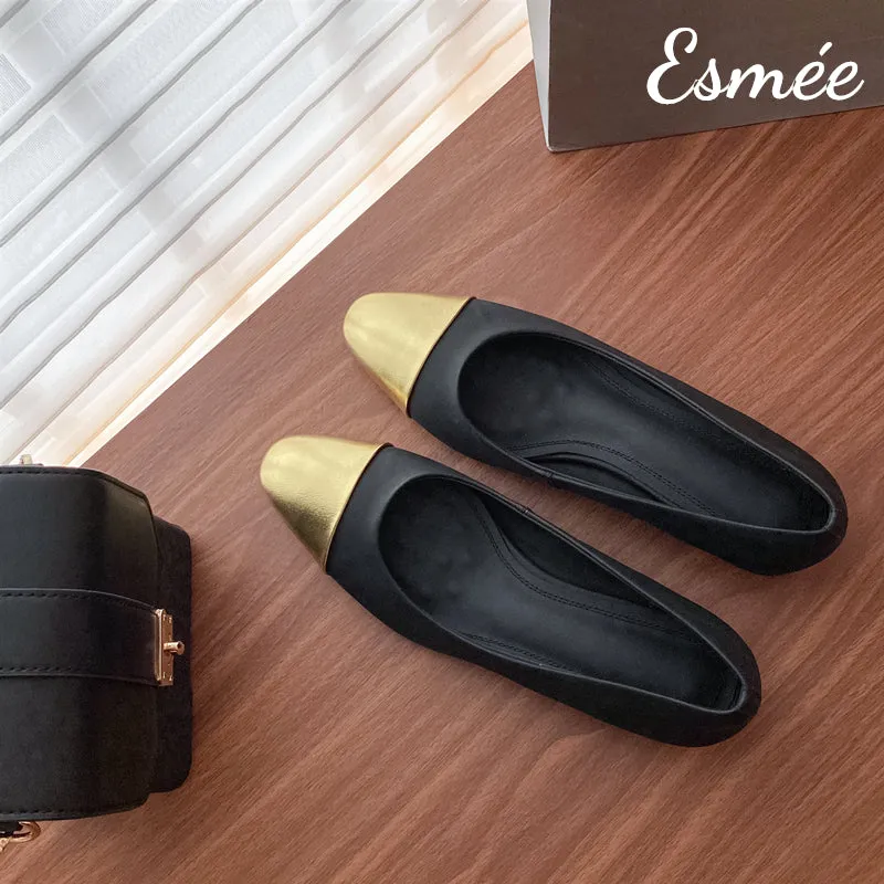 Leather Flats with Golden Toe Cap
