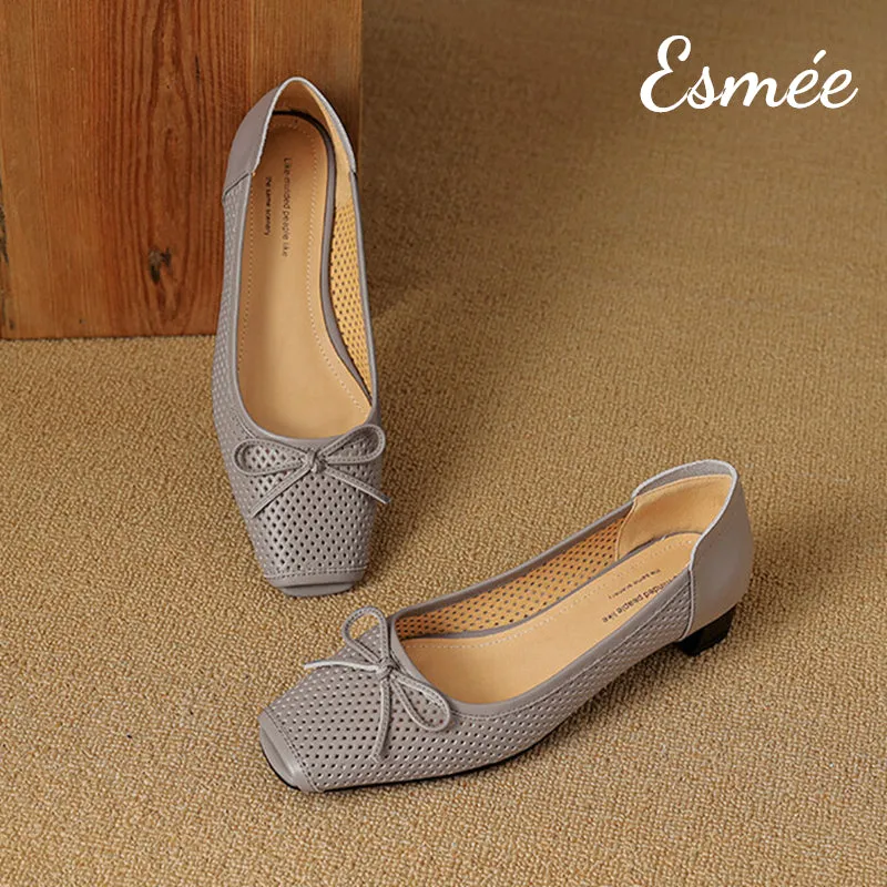 Leather Low Heels with Bow Knot and Peep Toe Design