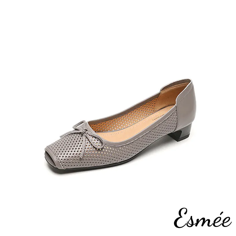 Leather Low Heels with Bow Knot and Peep Toe Design
