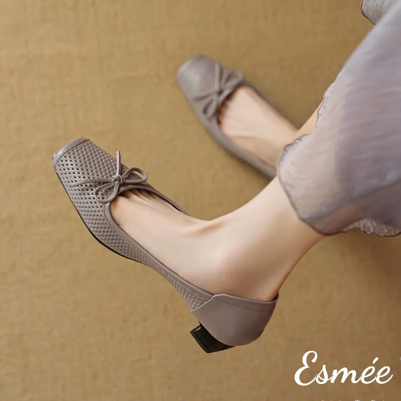 Leather Low Heels with Bow Knot and Peep Toe Design