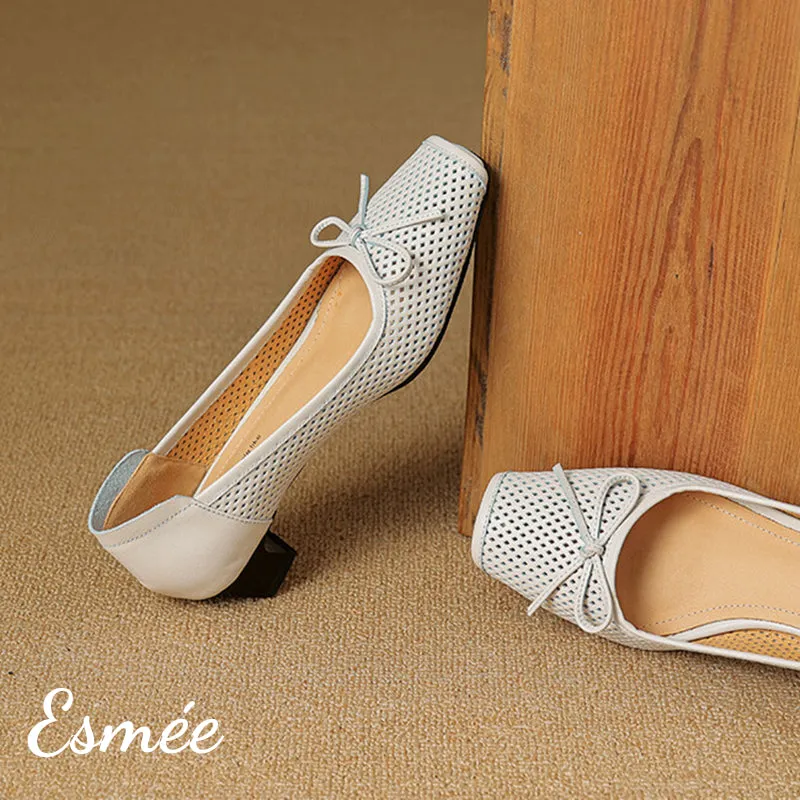Leather Low Heels with Bow Knot and Peep Toe Design