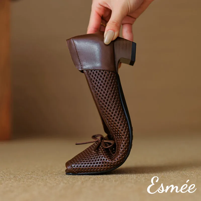 Leather Low Heels with Bow Knot and Peep Toe Design