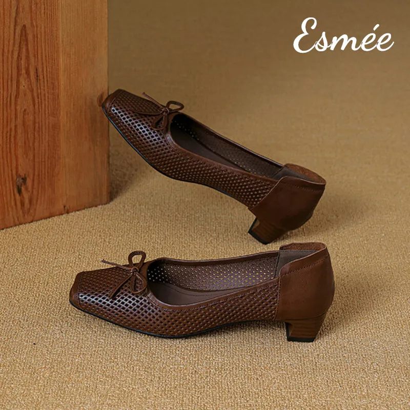 Leather Low Heels with Bow Knot and Peep Toe Design