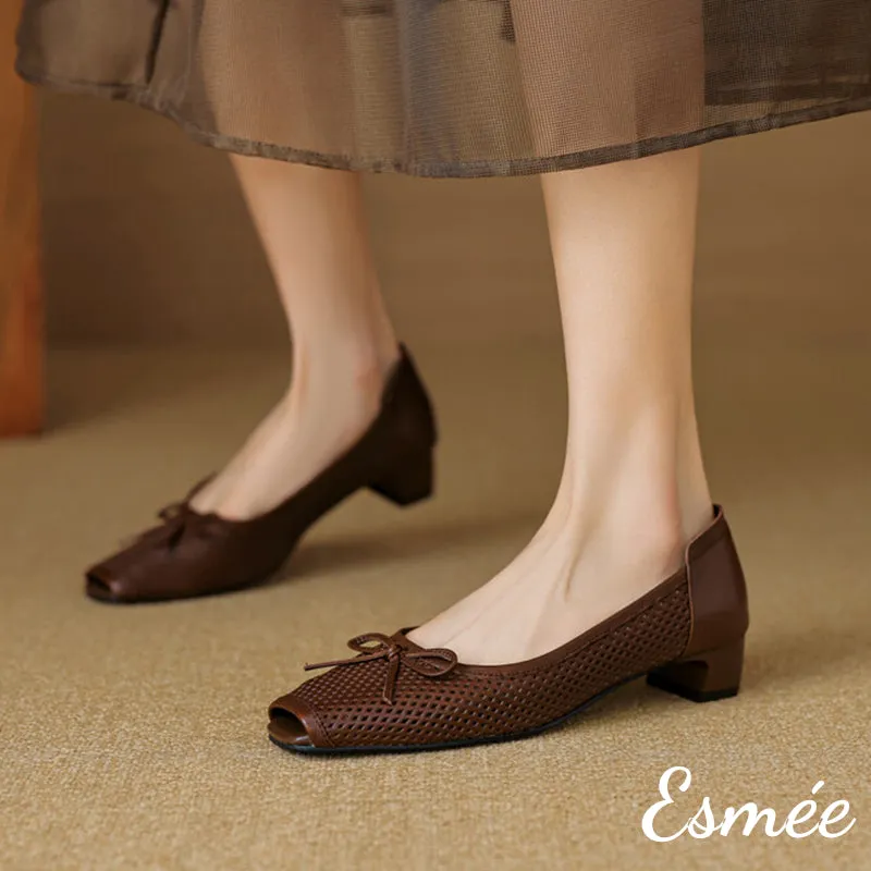 Leather Low Heels with Bow Knot and Peep Toe Design