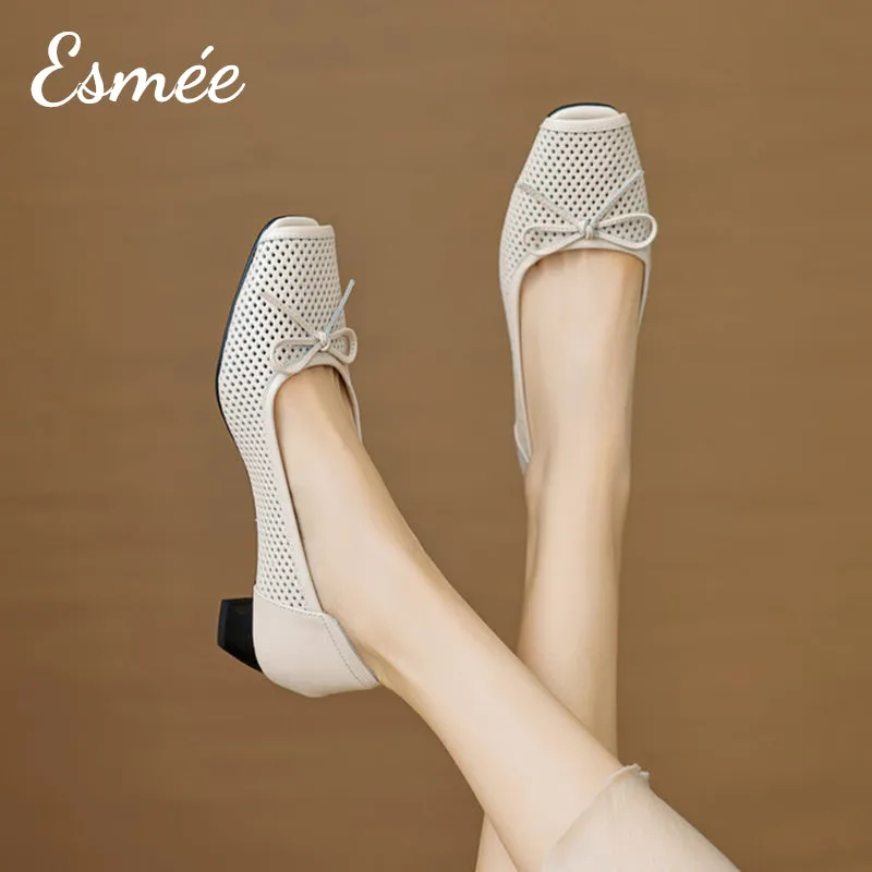 Leather Low Heels with Bow Knot and Peep Toe Design
