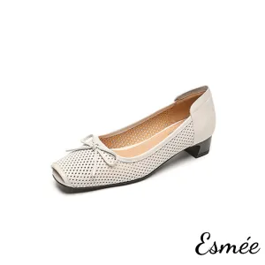 Leather Low Heels with Bow Knot and Peep Toe Design