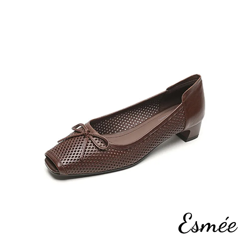 Leather Low Heels with Bow Knot and Peep Toe Design