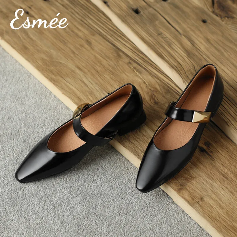 Leather Maryjanes with Metal Buckle Design