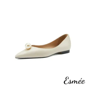Leather Pointed Toe Flats with Pearl