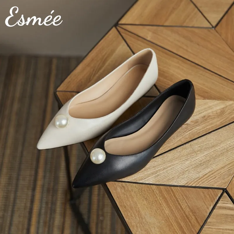 Leather Pointed Toe Flats with Pearl