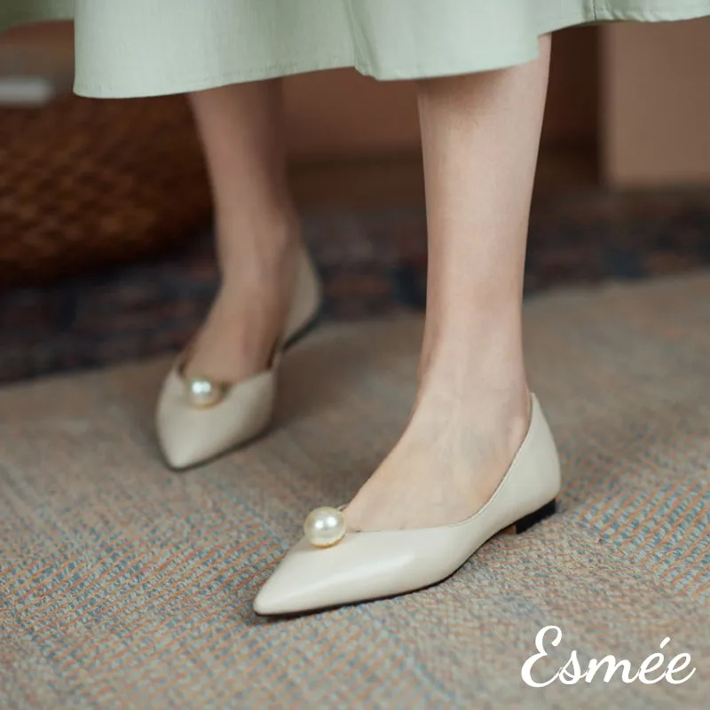 Leather Pointed Toe Flats with Pearl