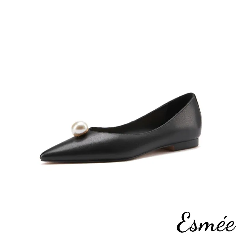 Leather Pointed Toe Flats with Pearl