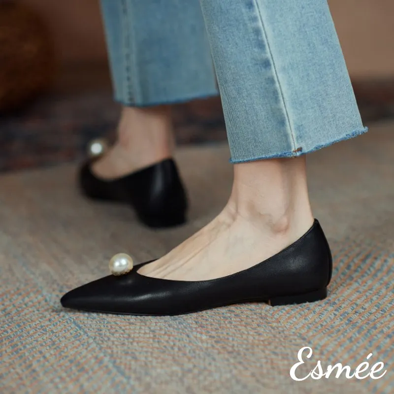 Leather Pointed Toe Flats with Pearl