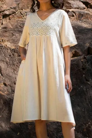 Rangsutra Avani Chikankari Off White Pure Cotton V Neck Dress