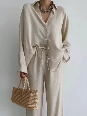 Roswyn | Casual Chic Long Sleeve Button-down Shirt and Wide Pants Set