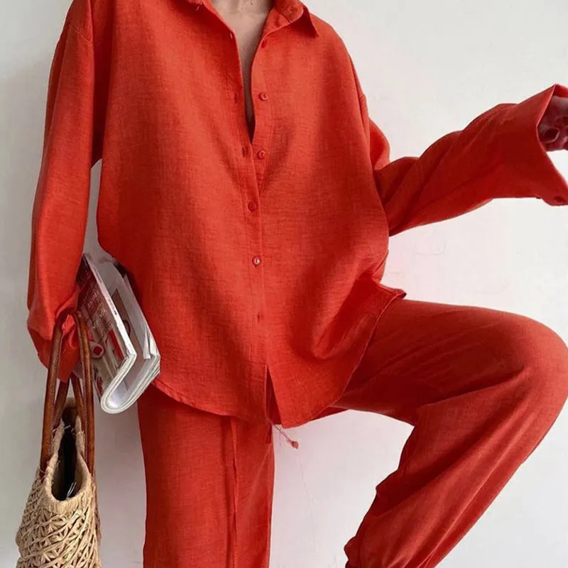 Roswyn | Casual Chic Long Sleeve Button-down Shirt and Wide Pants Set
