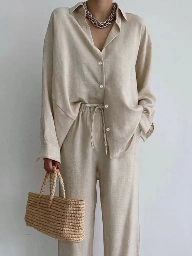 Roswyn | Casual Chic Long Sleeve Button-down Shirt and Wide Pants Set