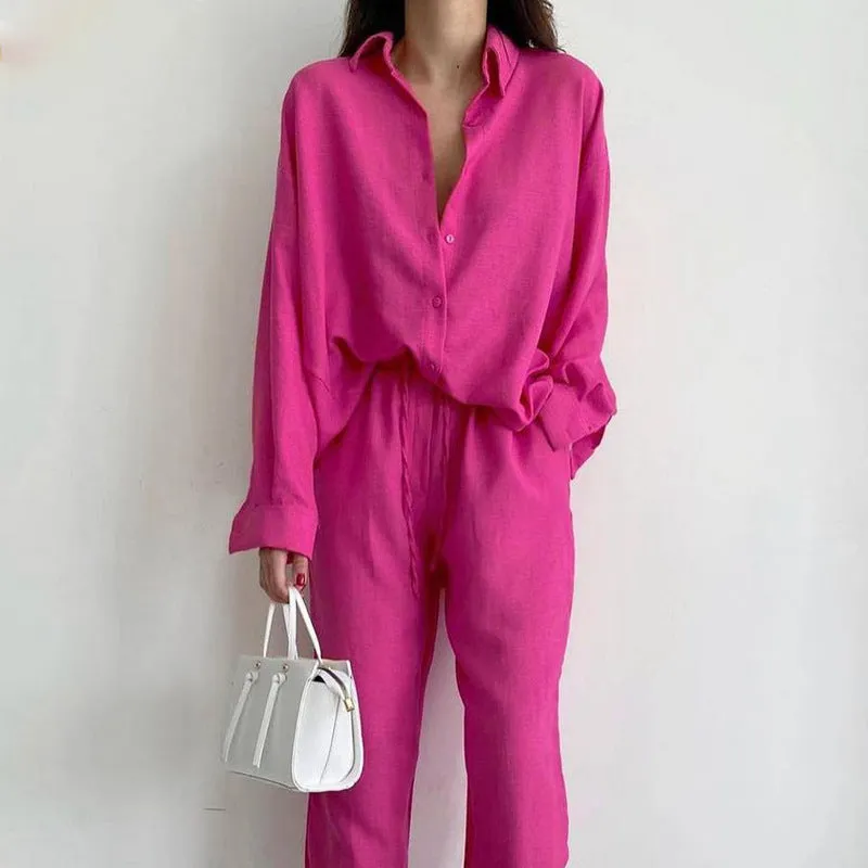 Roswyn | Casual Chic Long Sleeve Button-down Shirt and Wide Pants Set