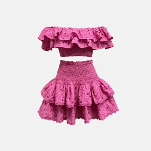 Serivette Pop Set – Pink fringe accents – Frilled high-waisted skirt