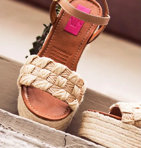 Silvia Cobos MARIELA Ankle Strap Embroidered Wedges in Beige