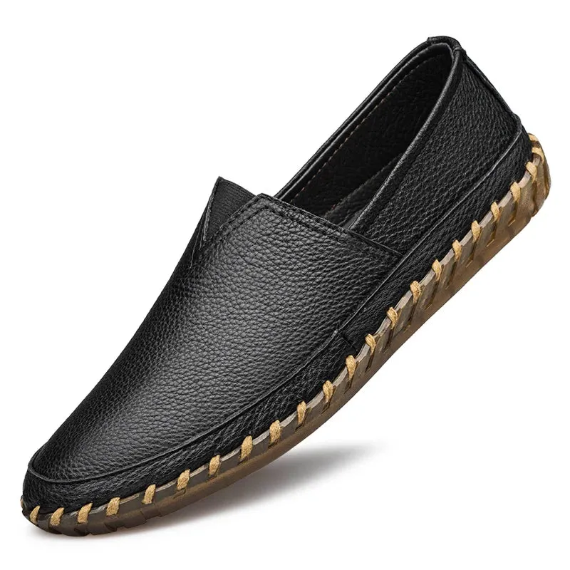 Sohiwoo Large Size 4647 Genuine Leather Flat Shoes Men White Soft Casual Sneakers Male Comfy Walking   Driving Shoes Loafers Moccasins