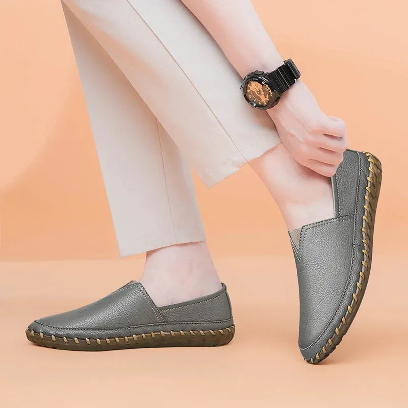 Sohiwoo Large Size 4647 Genuine Leather Flat Shoes Men White Soft Casual Sneakers Male Comfy Walking   Driving Shoes Loafers Moccasins
