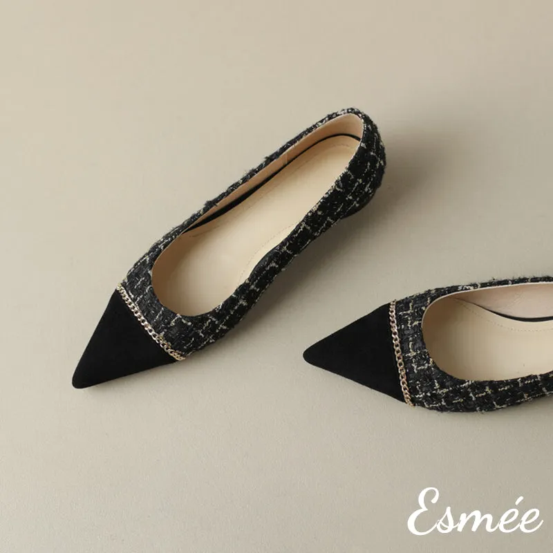 Tweed Fabrics Flats with Black Pointy Toe and Chain Design