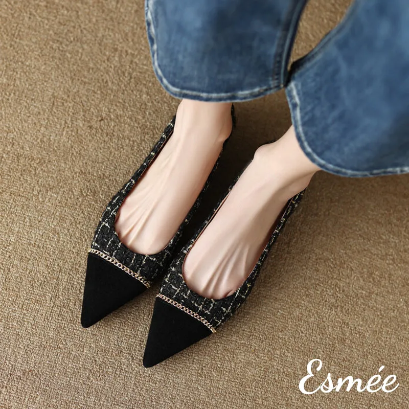 Tweed Fabrics Flats with Black Pointy Toe and Chain Design