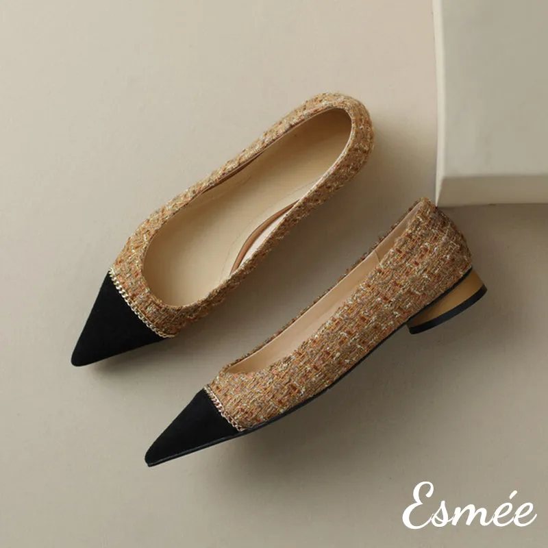 Tweed Fabrics Flats with Black Pointy Toe and Chain Design