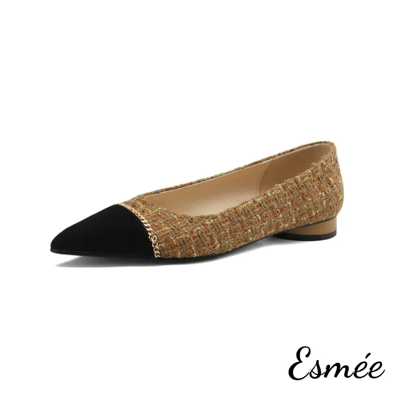 Tweed Fabrics Flats with Black Pointy Toe and Chain Design