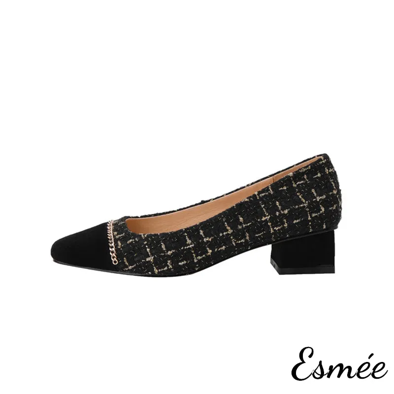 Tweed Fabrics High Heels with Chain Design