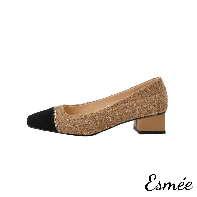 Tweed Fabrics High Heels with Chain Design