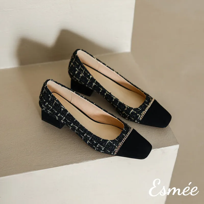 Tweed Fabrics High Heels with Chain Design