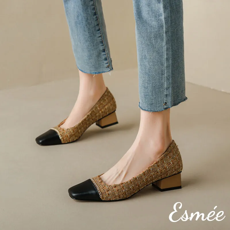 Tweed Fabrics High Heels with Chain Design