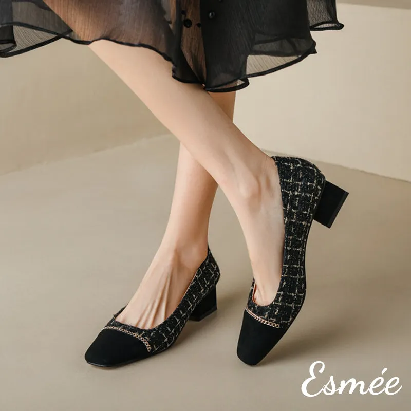 Tweed Fabrics High Heels with Chain Design