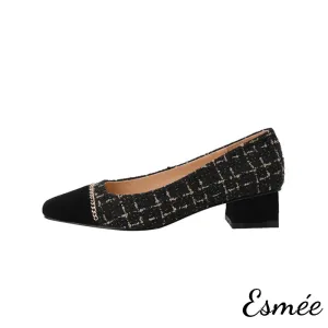 Tweed Fabrics High Heels with Chain Design