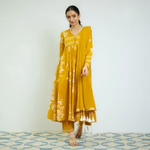 Zehra Yellow Cotton Kurta Set with Mul Cotton Dupatta & Tassel Detail